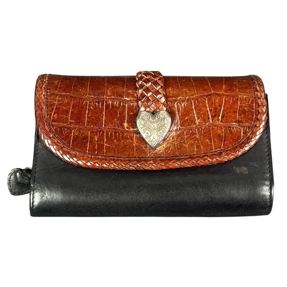 Brighton Leather Wallet Black Cognac Brown Croc Embossed Heart Braided Trim VTG
